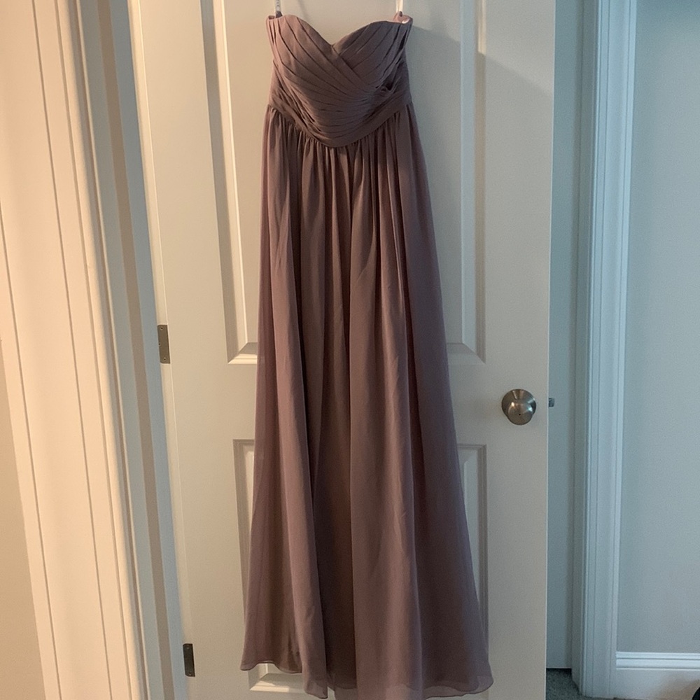 Azazie mauve pink dusty rose chiffon strapless bridesmaid dress